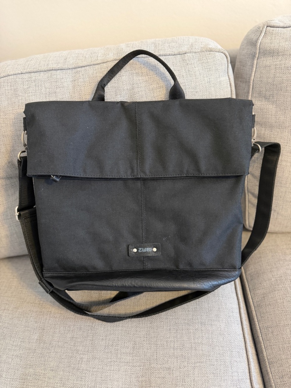Zwei Black Canvas & Leather Trim Messenger Bag - Crossbody